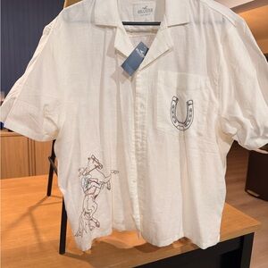 Hollister White Short-Sleeve Embroidered Cowboy Shirt